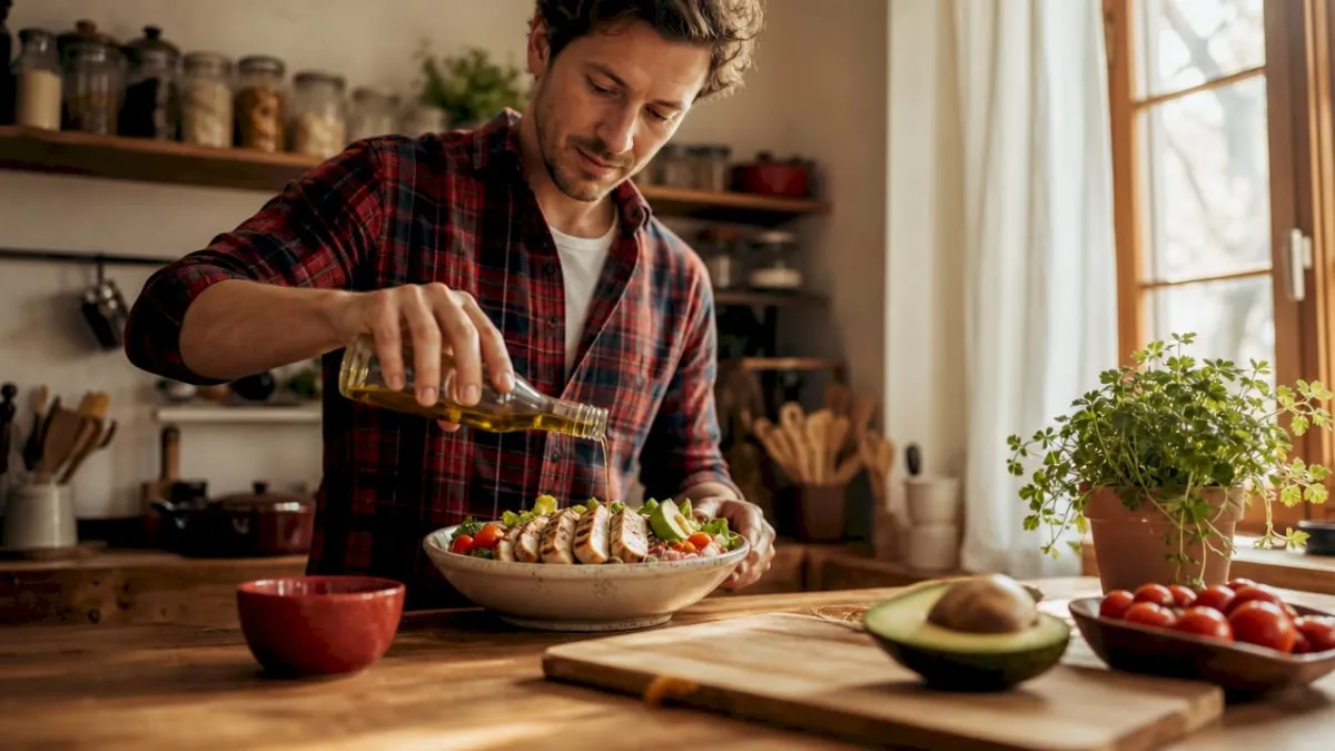 Man preparing low carb lunch salad in office kitchenette