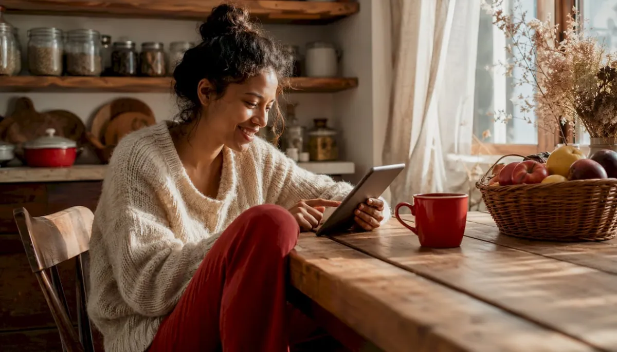 Woman using AI meal planning app on tablet in kitchen