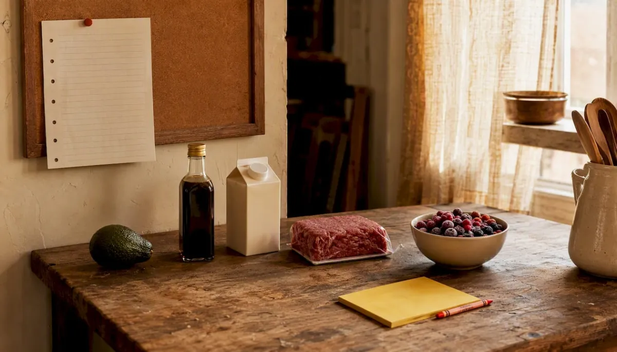 Overhead view of categorized grocery lists with groceries