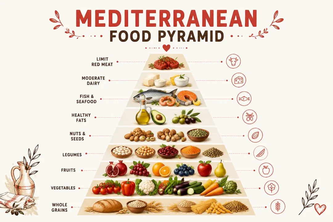 Infographic of Mediterranean diet food categories in a pyramid