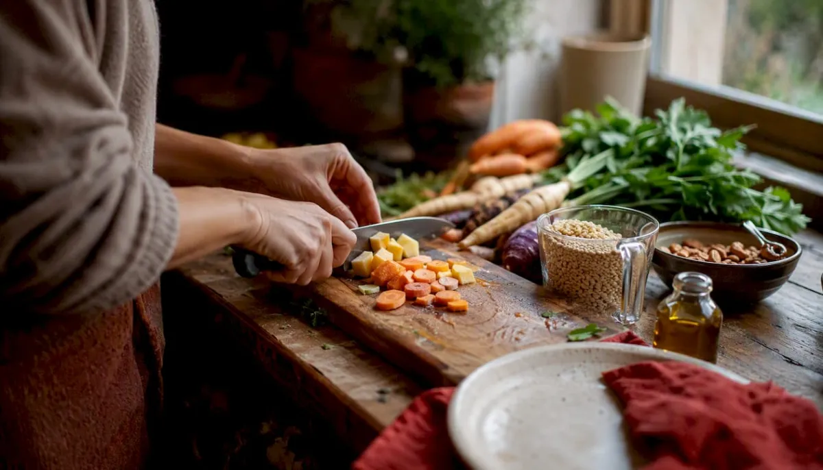 A balanced PCOS-friendly plate: protein, vegetables, and whole grains
