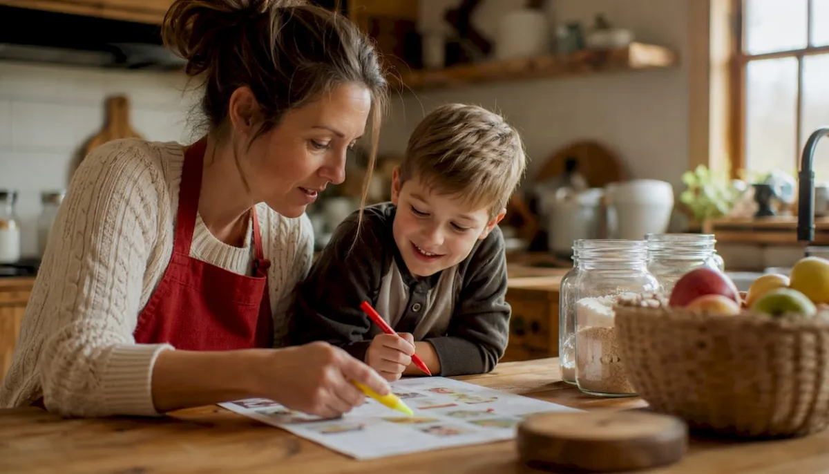 Mother and son planning family meals in kitchen