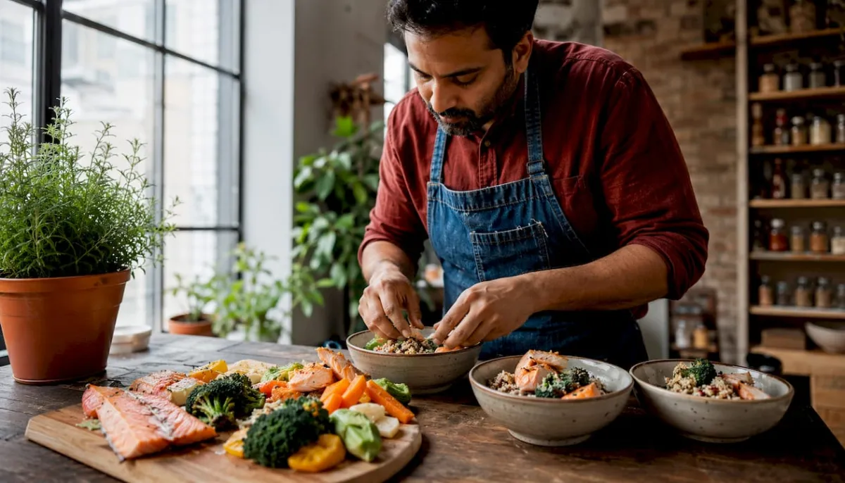 Man packing meal prep containers with cooked ingredients