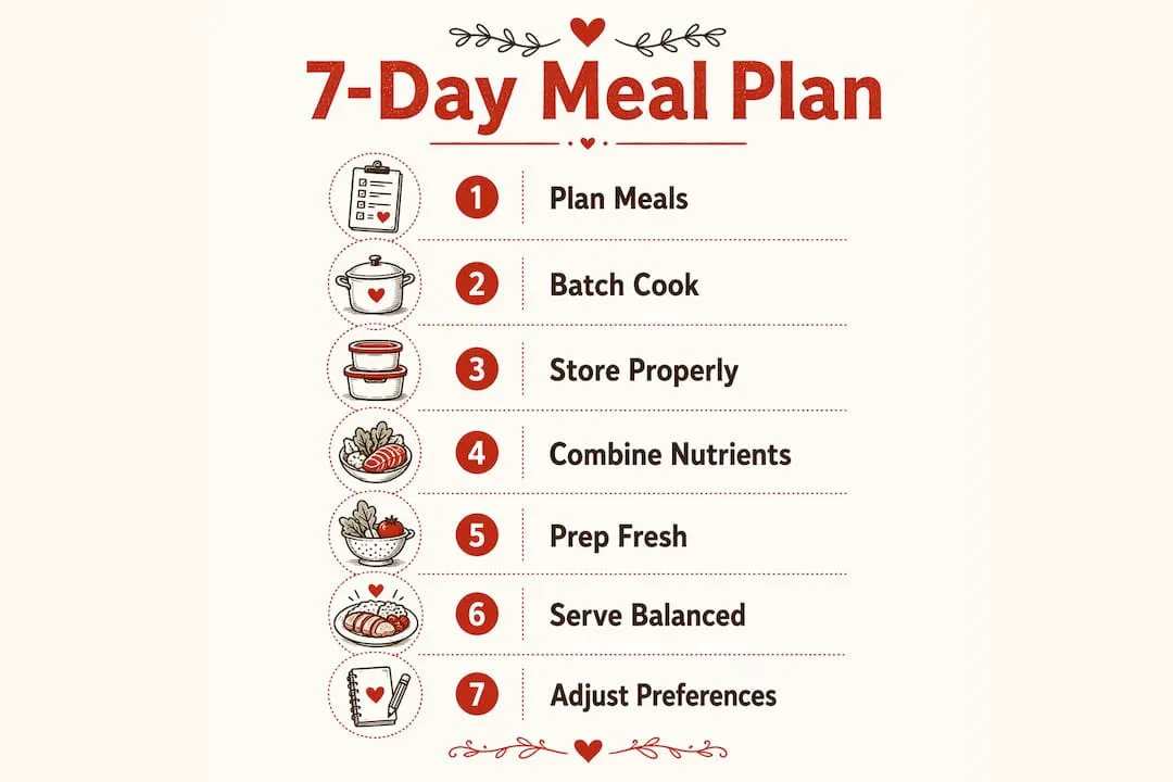 Infographic illustrating 7-day vegetarian meal planning steps