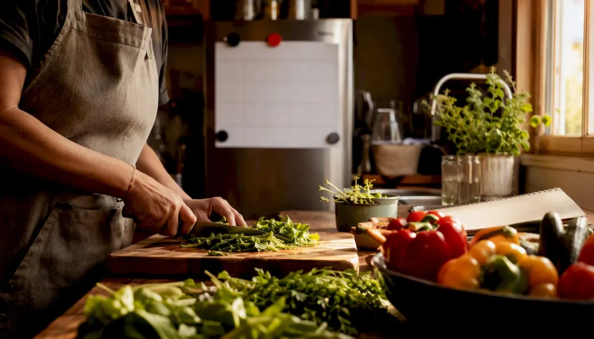 Parent chopping vegetables in rustic kitchen