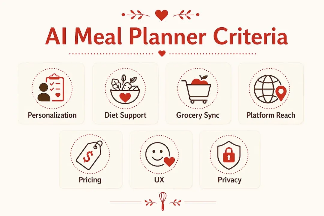 Infographic showing key criteria for evaluating AI meal planner apps