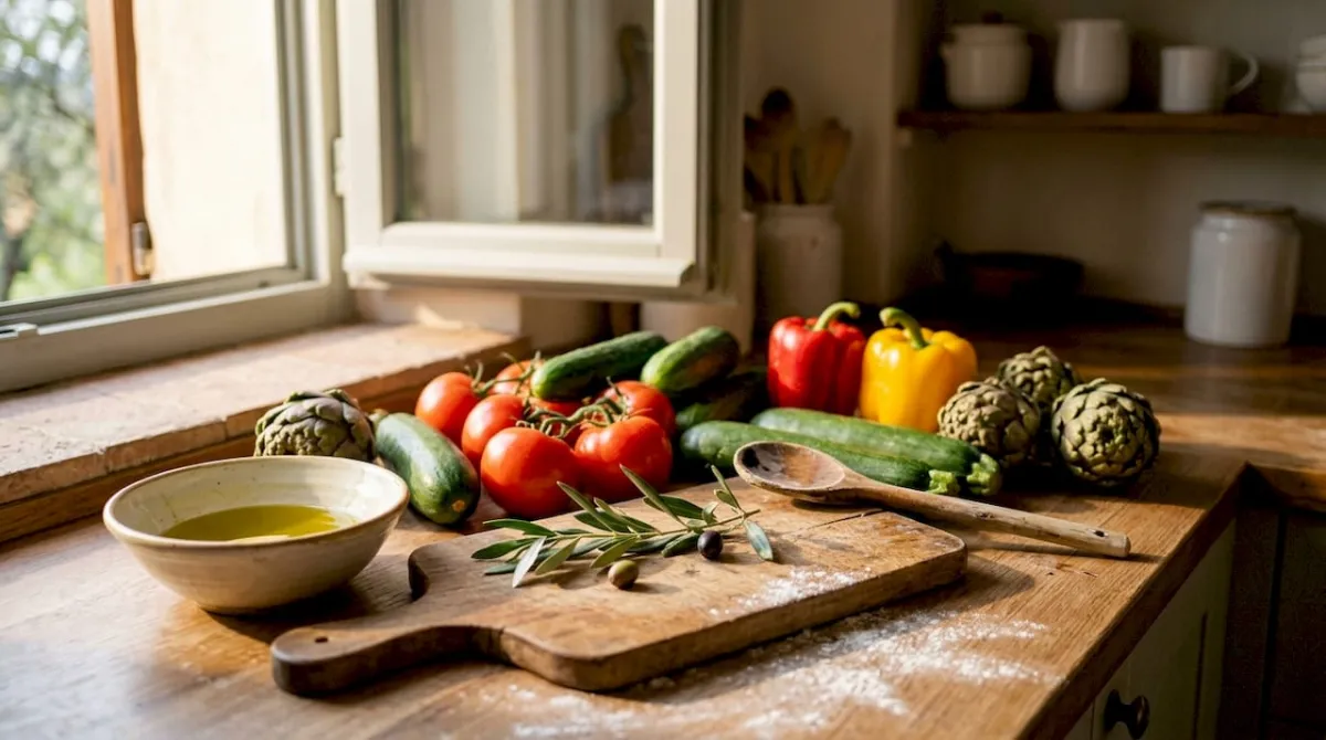 Assortment of fresh Mediterranean vegetables and fruits