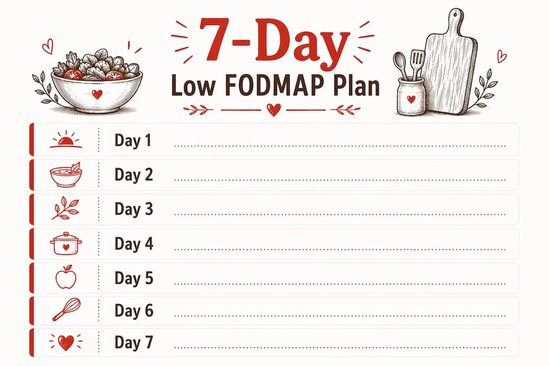Infographic showing 7-day low FODMAP meal plan steps