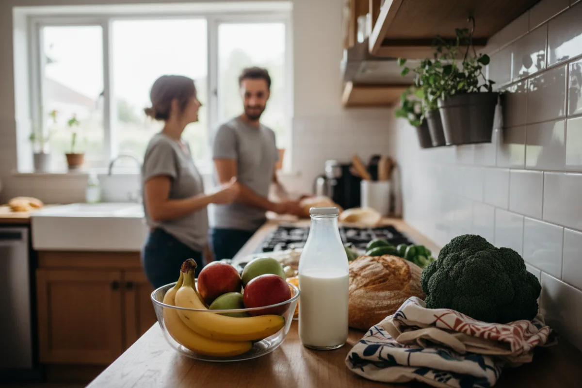 Fresh groceries on a family kitchen counter after a shared shopping trip, with the household in the background