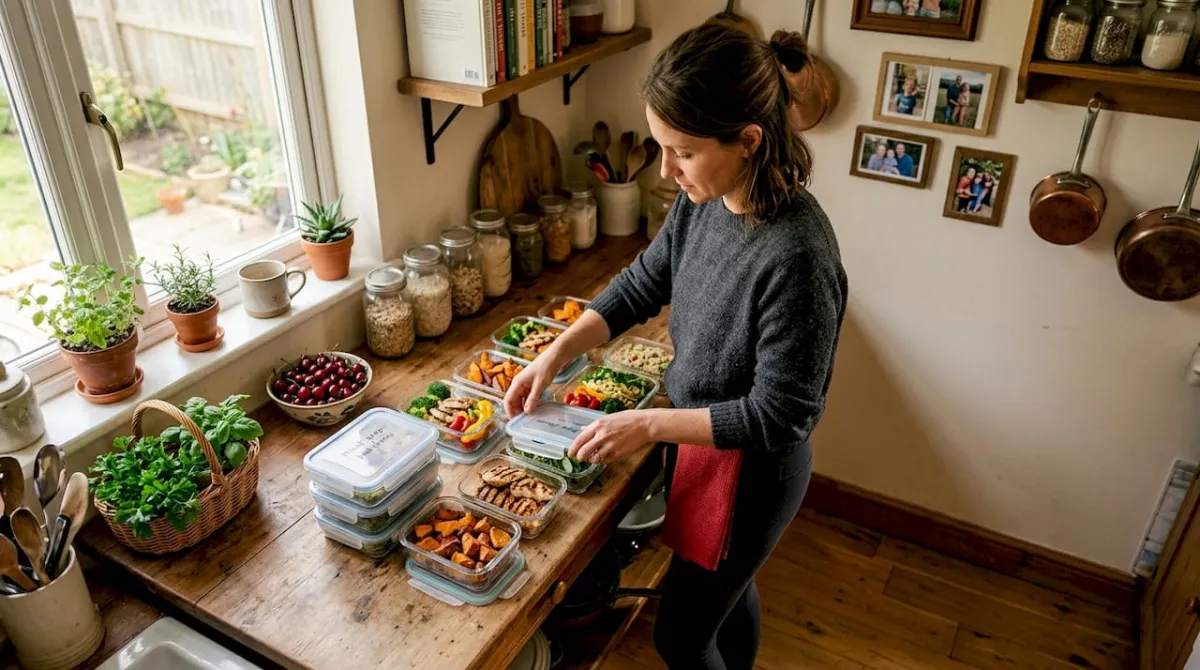 Woman preparing healthy meal prep containers in kitchen
