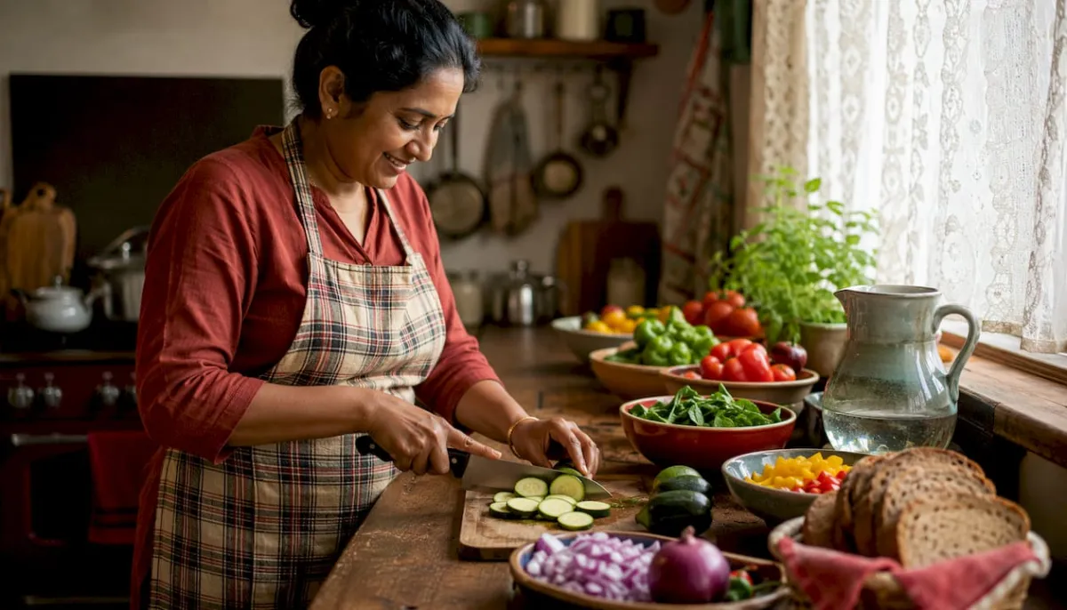 Woman preparing heart healthy meal in kitchen