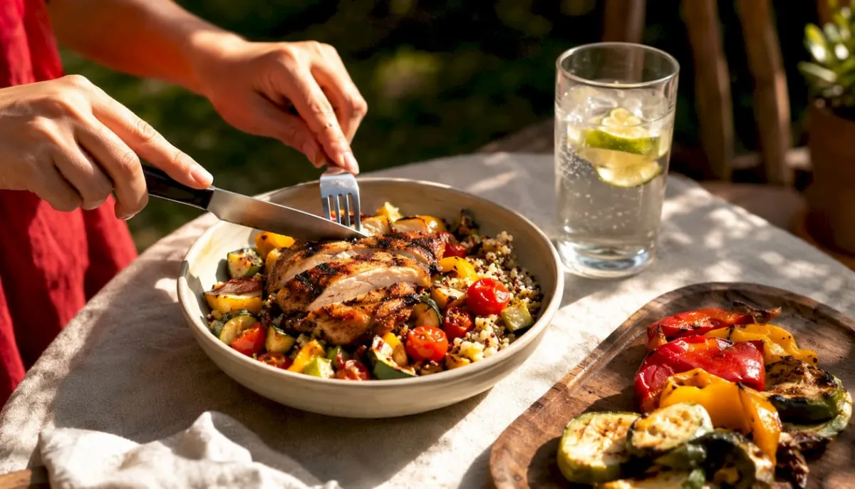 Grilled chicken and quinoa bowl meal