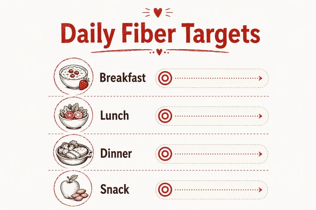 Infographic illustrating daily fiber targets by meal