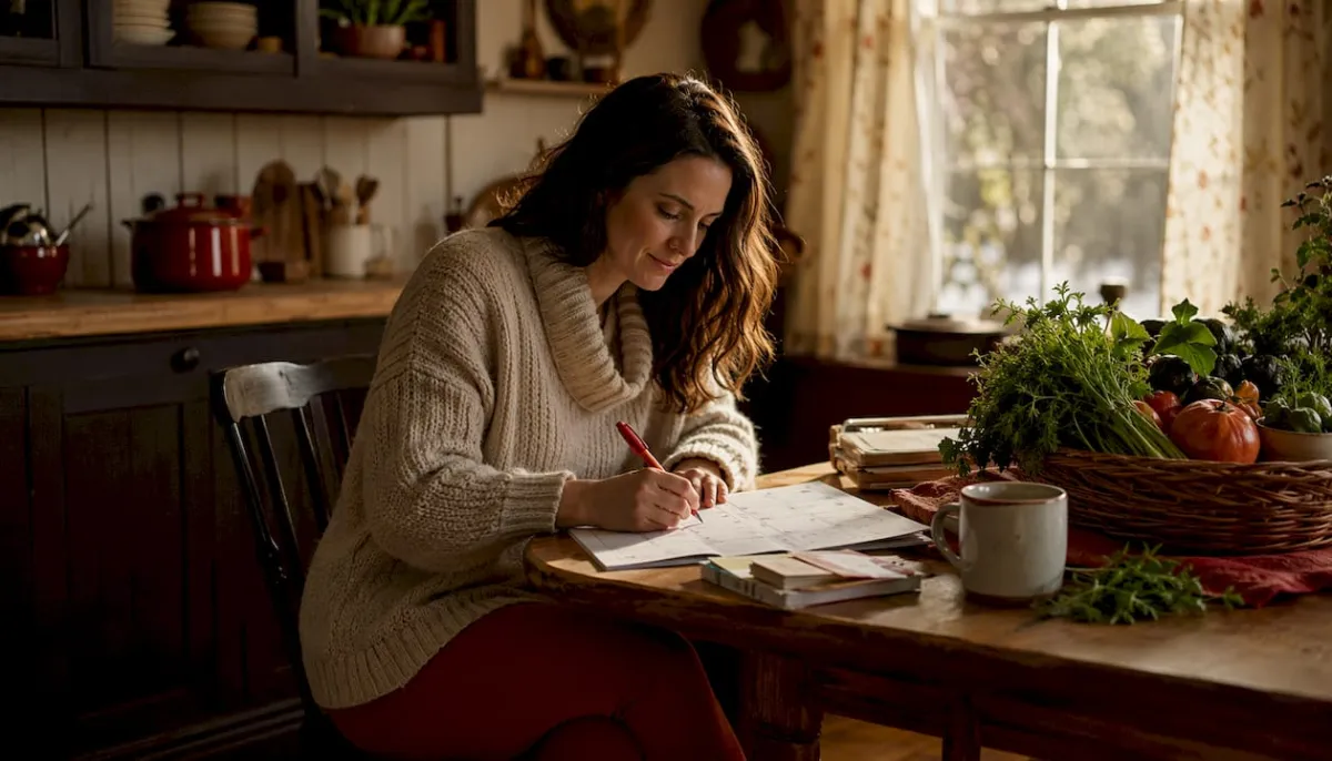 Home cook planning weekly meals at kitchen table