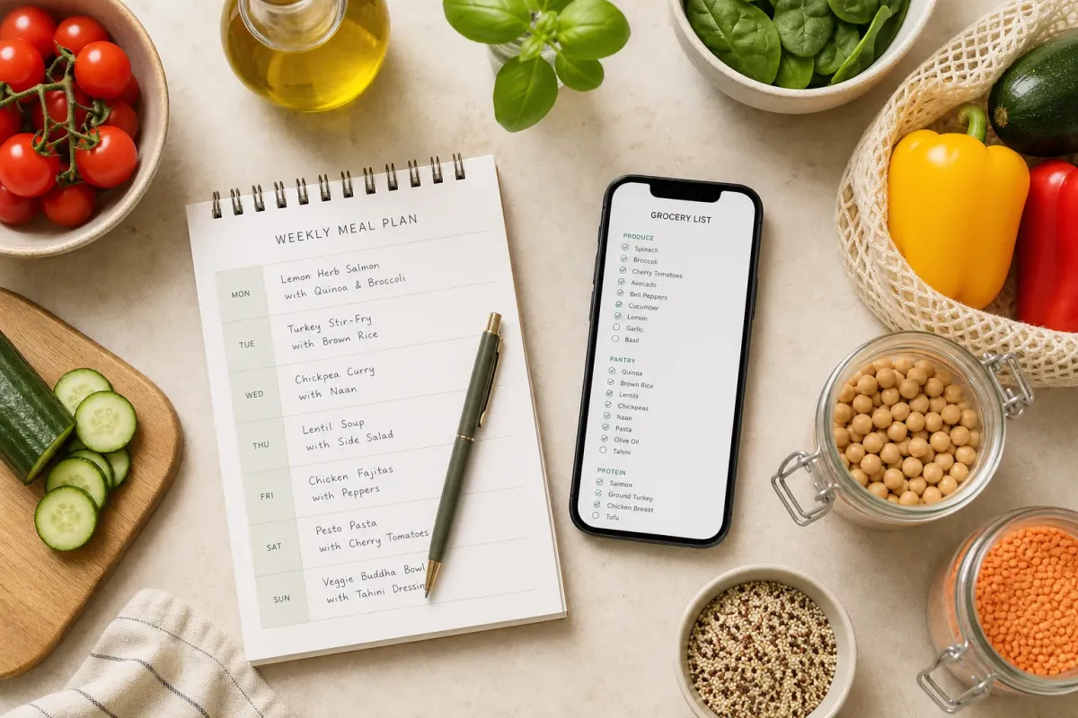 A grocery list open on a phone next to fresh produce — a shared list everyone can add to and check off