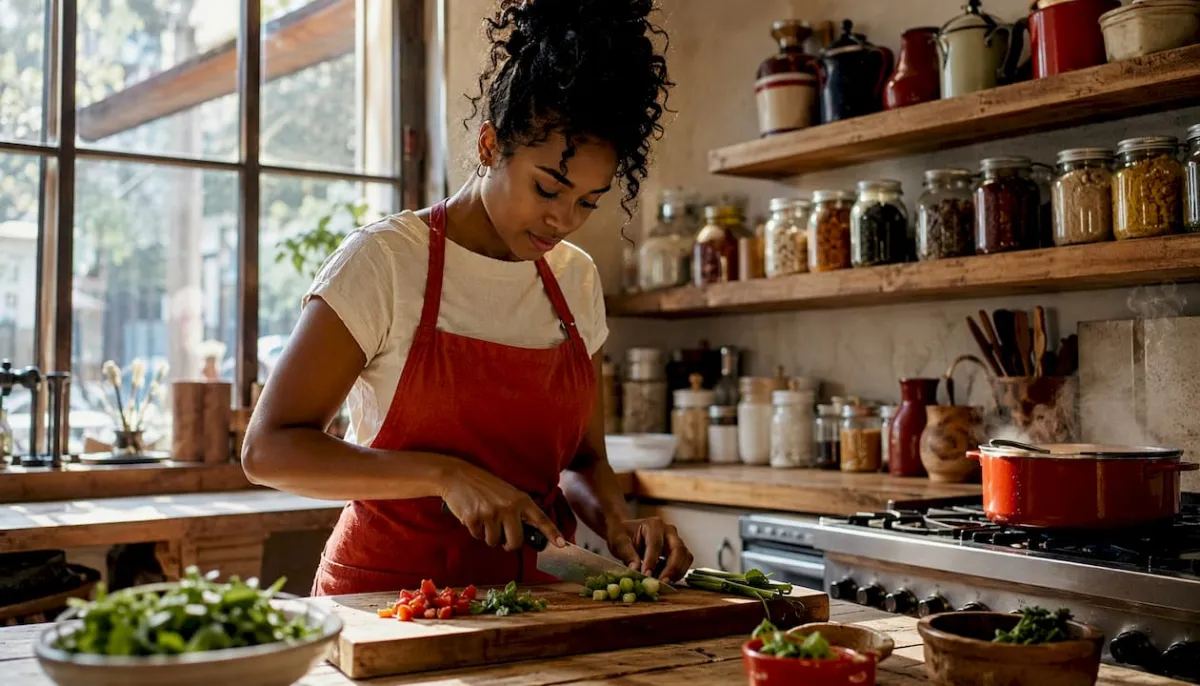 Young woman preparing vegetables in kitchen for meal planning