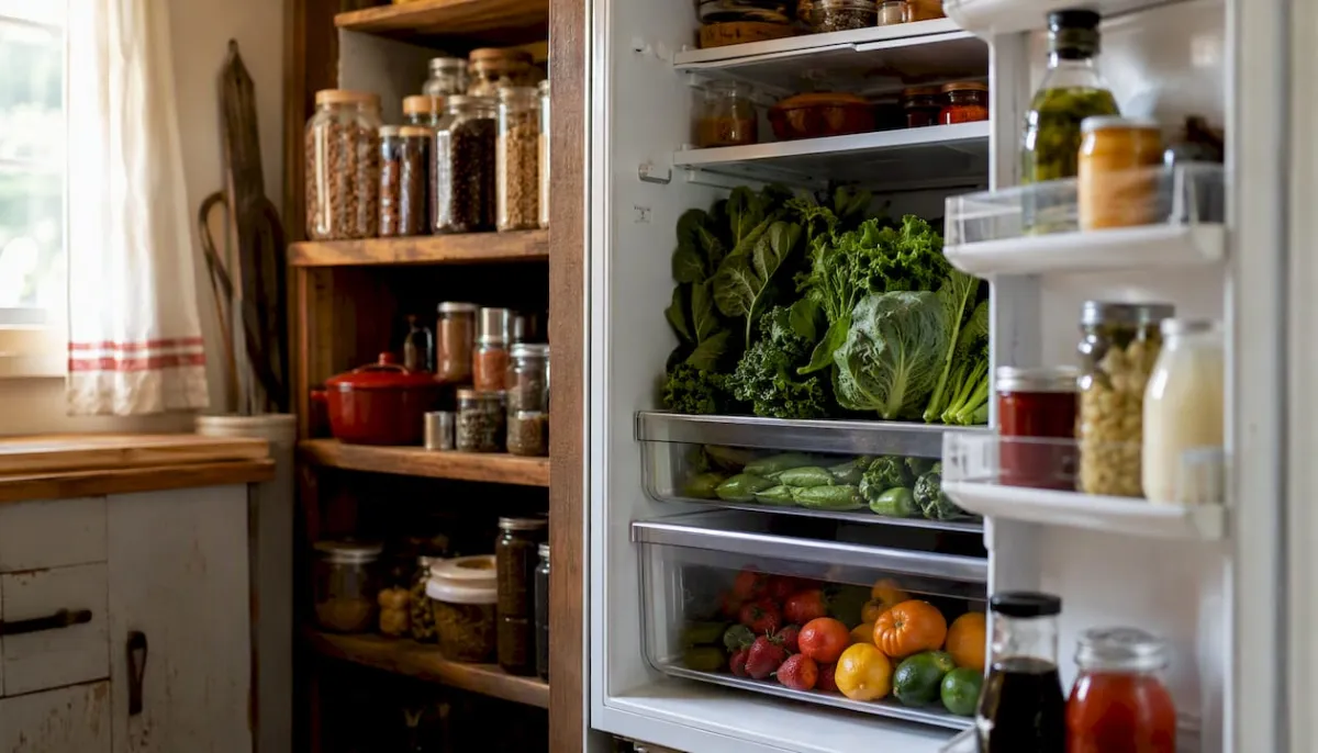 Organized fridge drawers with produce