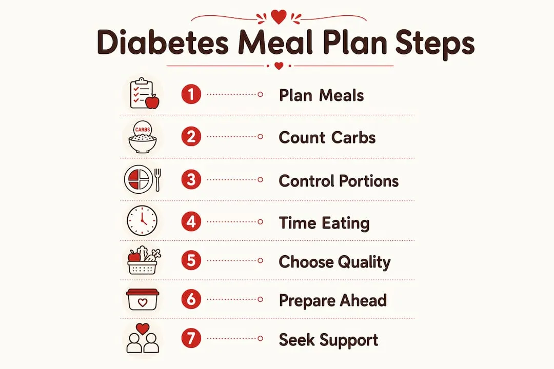 Infographic illustrating key diabetes meal plan steps