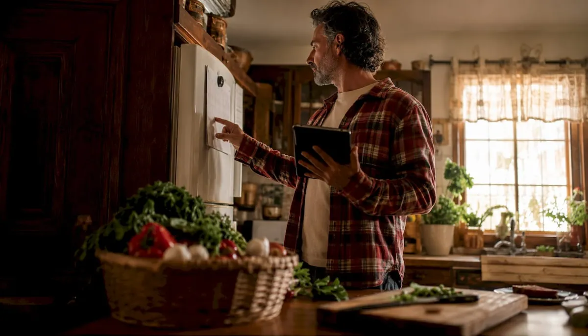 Man scheduling dinner plans in family kitchen