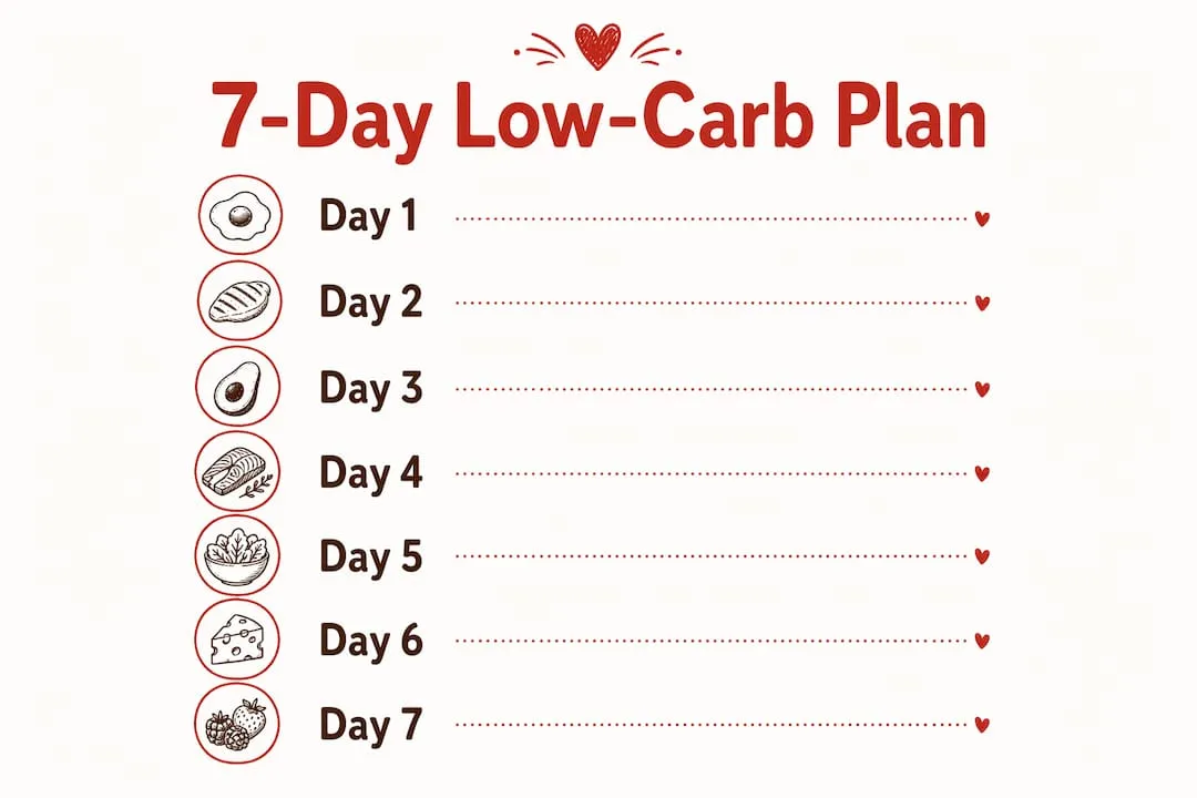 Infographic showing 7-day low carb meal plan steps