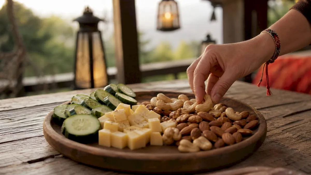 Rustic low carb snack board with nuts and cheese