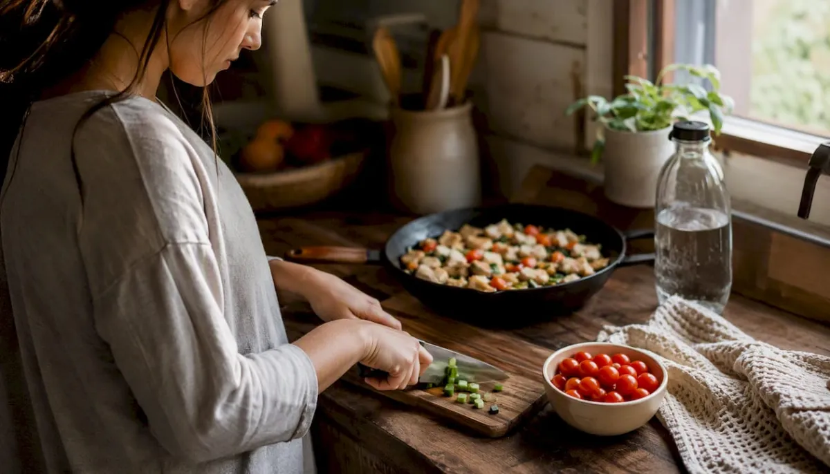Hands preparing protein-rich meal in rustic kitchen