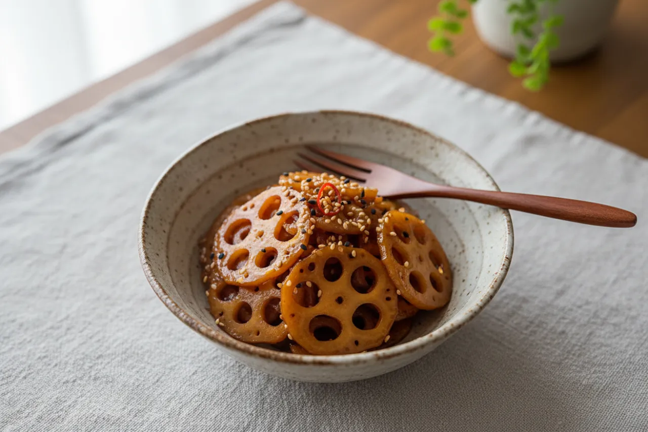 Renkon Kinpira — Japanese recipe, finished and plated