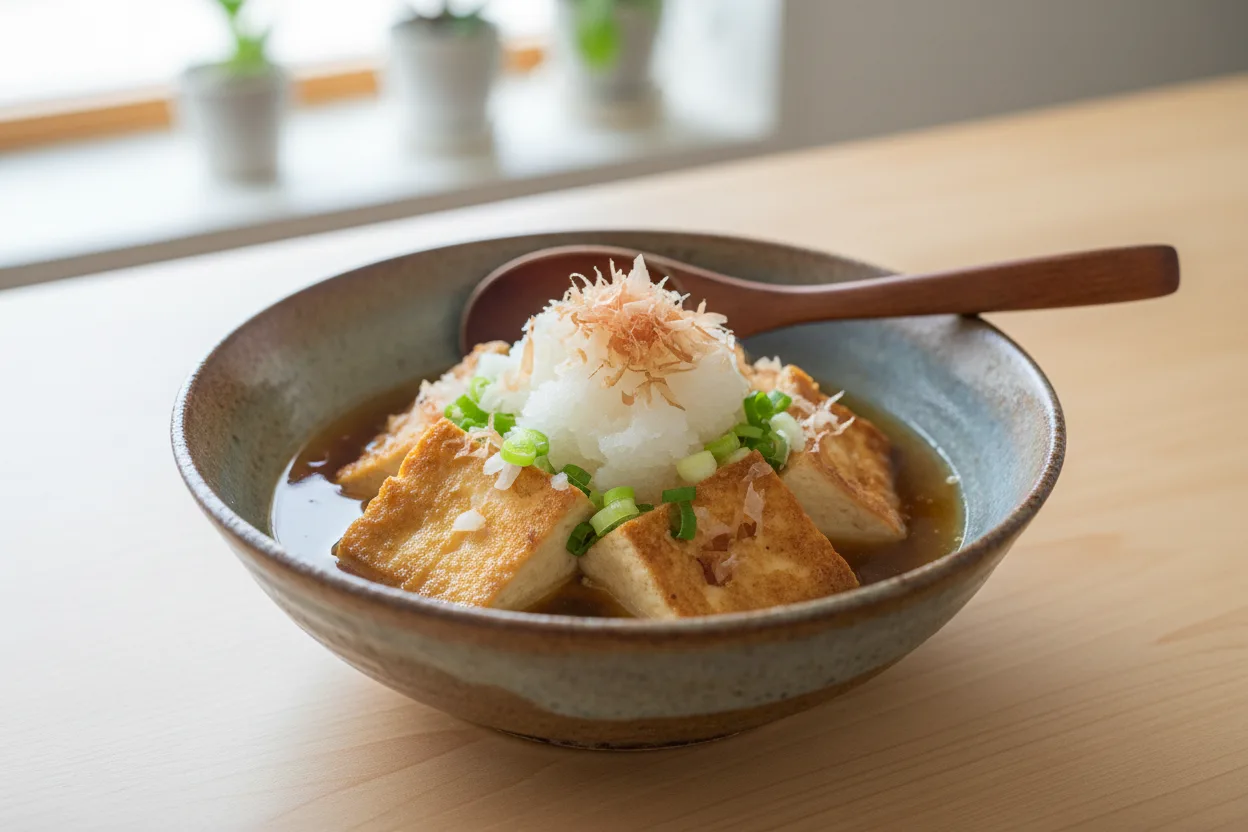 Agedashi Tofu — Japanese recipe, finished and plated