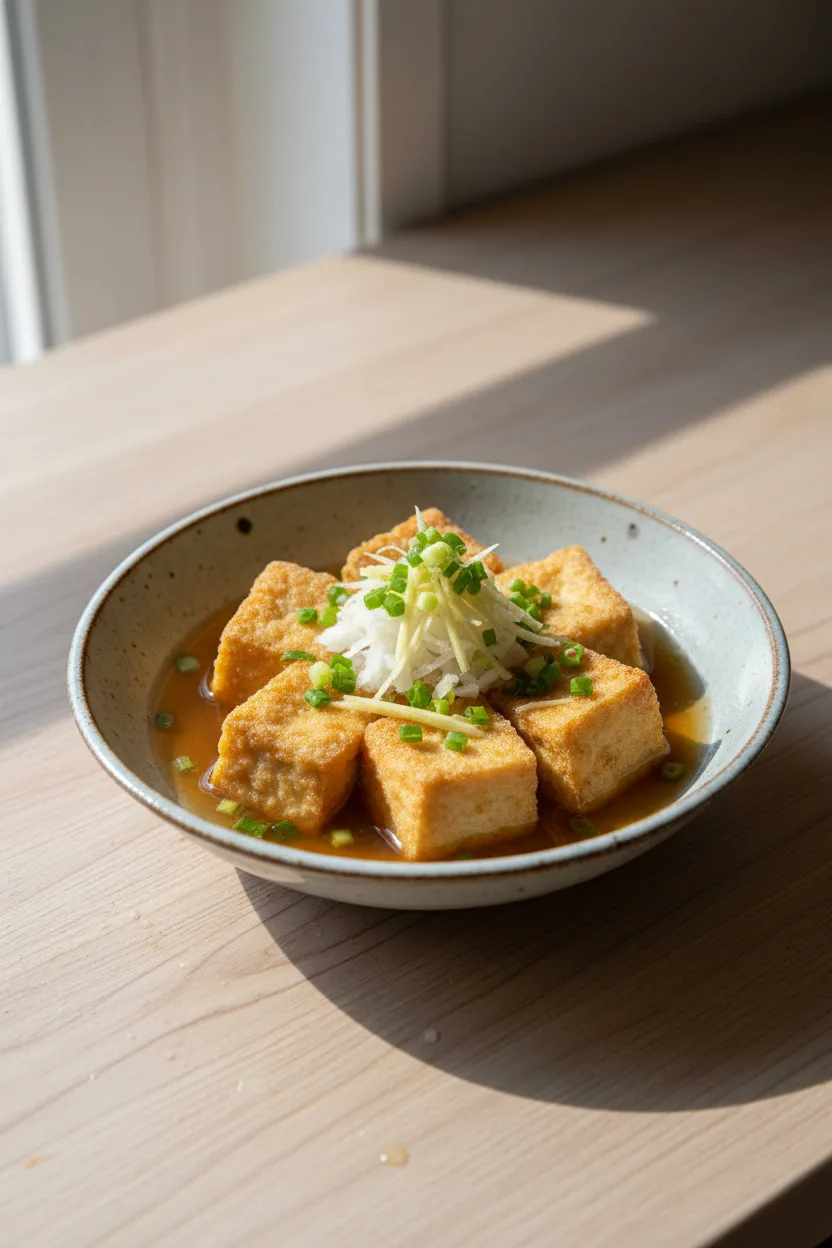 Agedashi Tofu — Japanese recipe, finished and plated