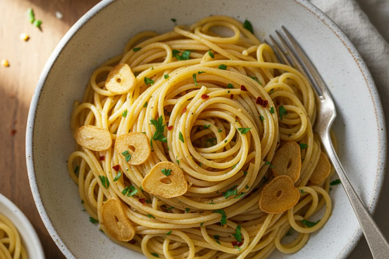 Spaghetti Aglio e Olio — Italian recipe, finished and plated