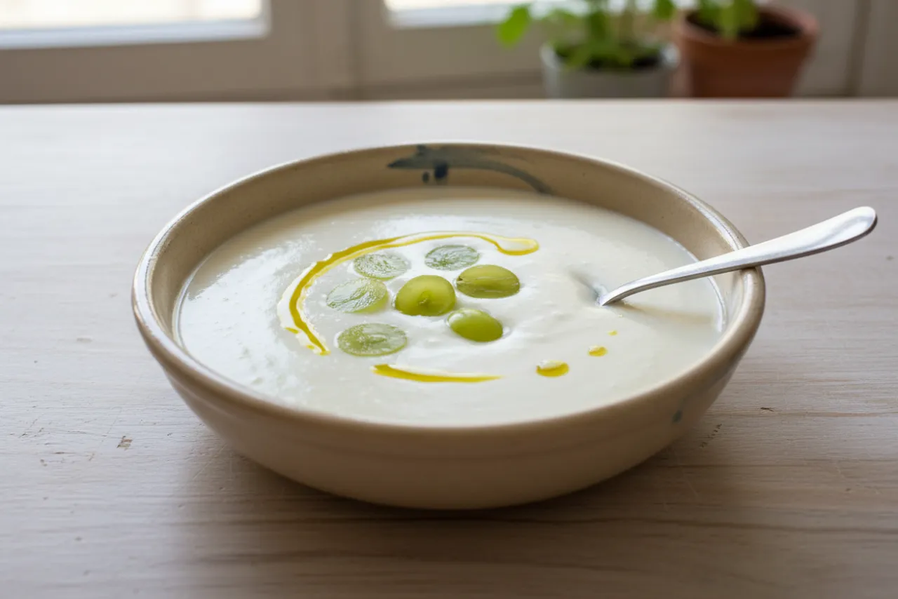 Ajoblanco — Spanish recipe, finished and plated