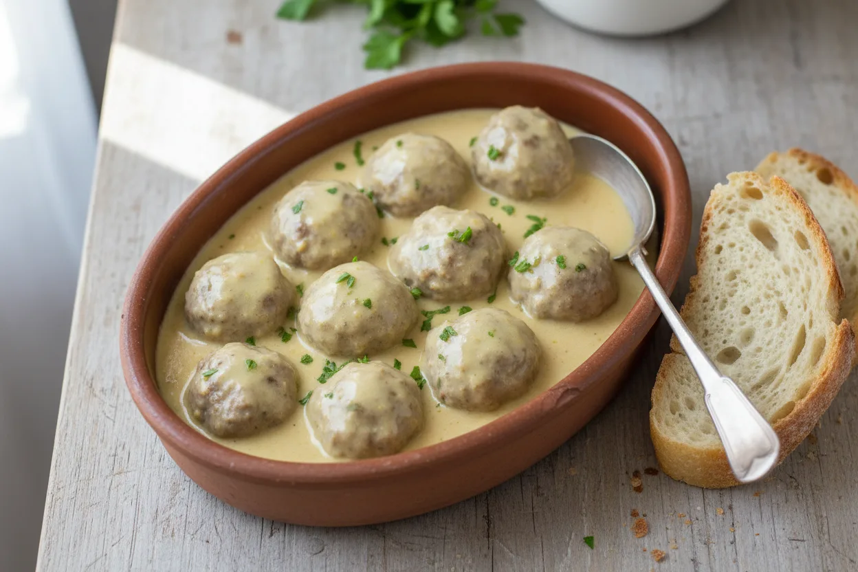 Albondigas en Salsa de Almendras — a Mediterranean lunch spanish recipe with about 4g of fiber