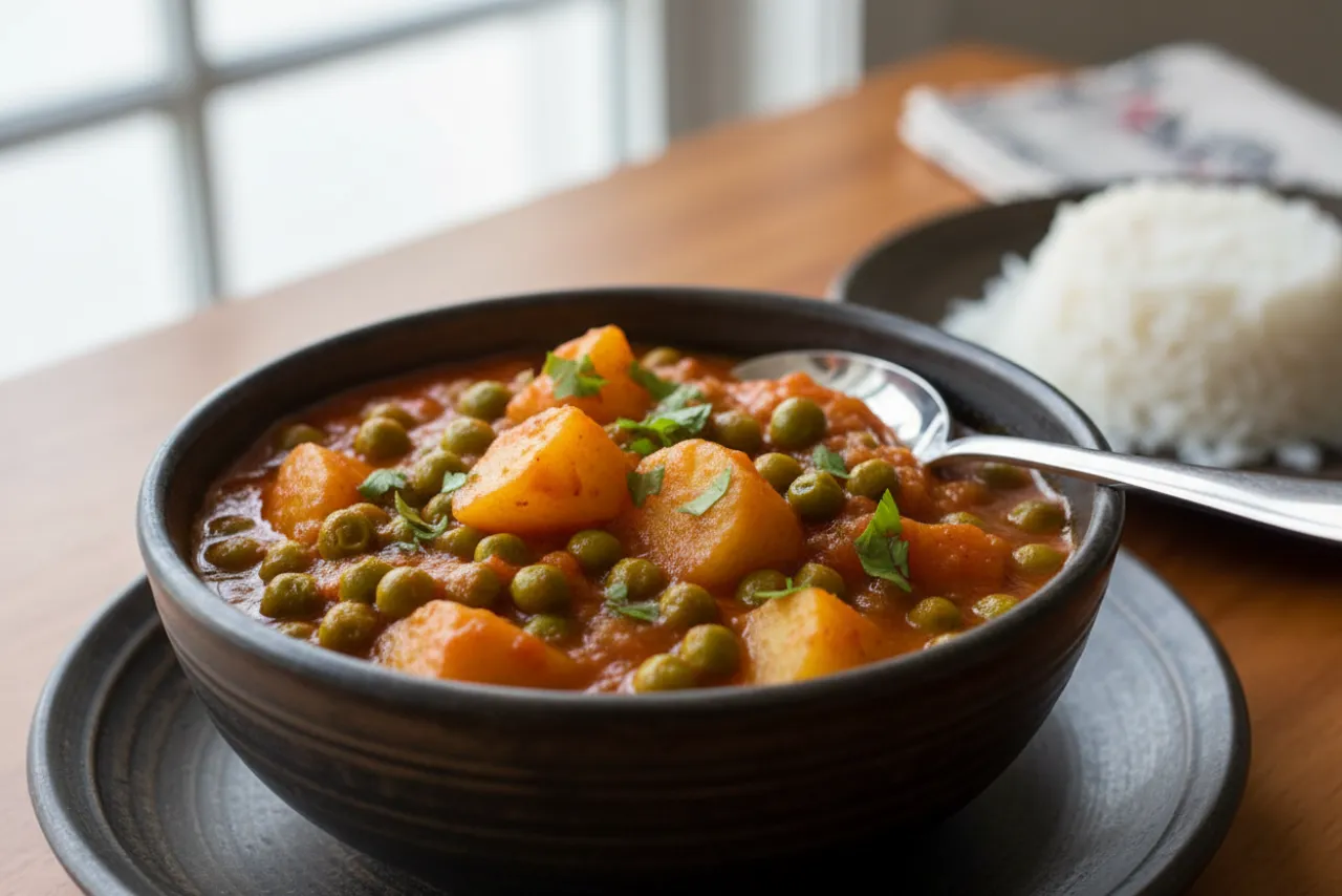 Aloo Matar — Indian recipe, finished and plated