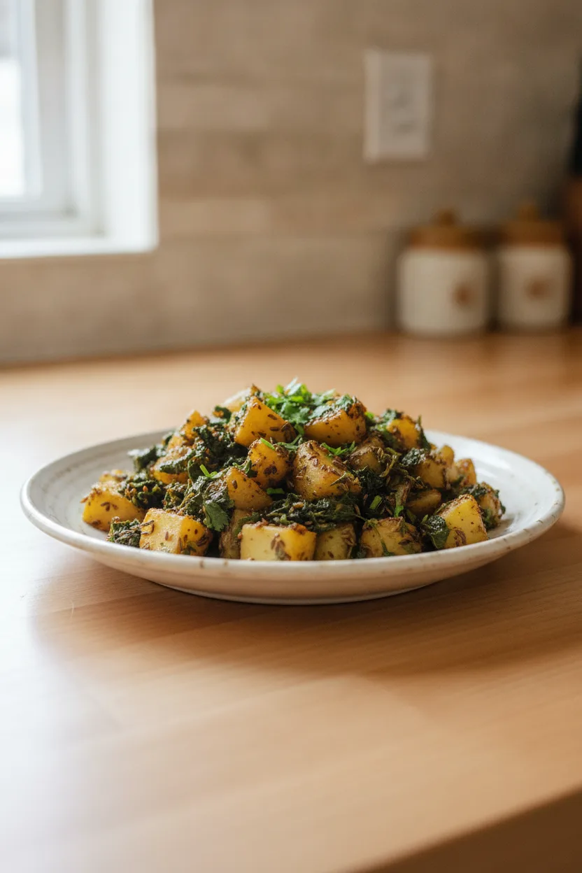 Aloo Methi — Indian recipe, finished and plated