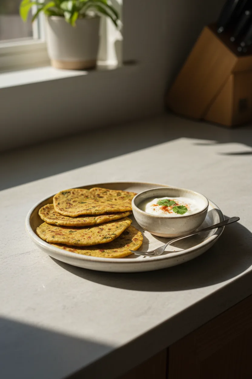 Methi Thepla — Indian recipe, finished and plated