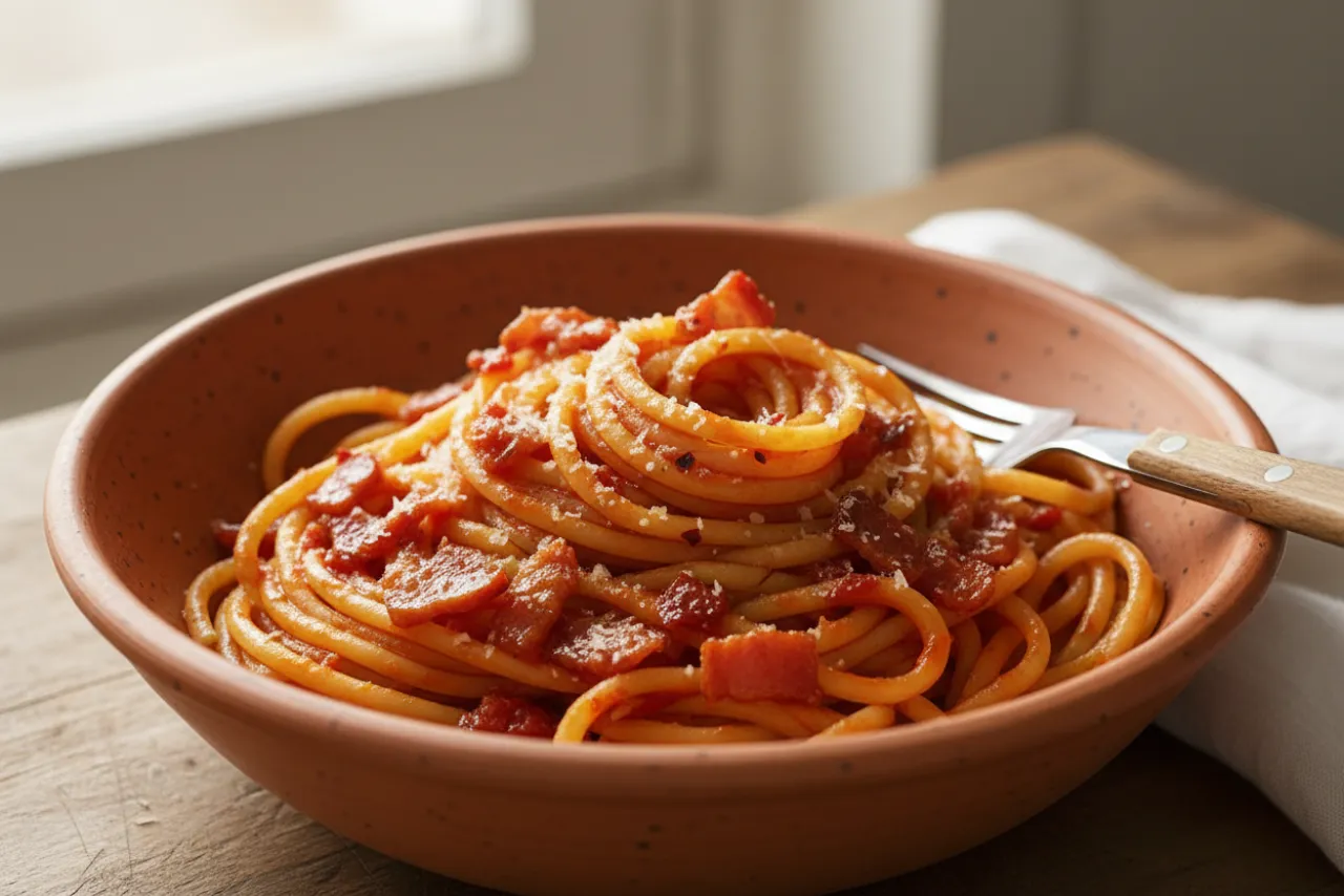 Bucatini all'Amatriciana — a Mediterranean lunch italian recipe with about 4g of fiber