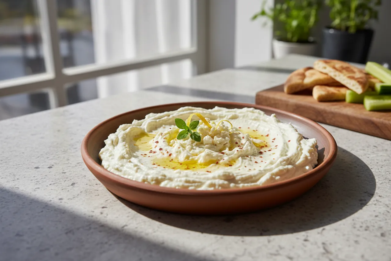 Tirokafteri (Greek Whipped Feta Dip) — a keto dinner greek recipe with about 0g of fiber