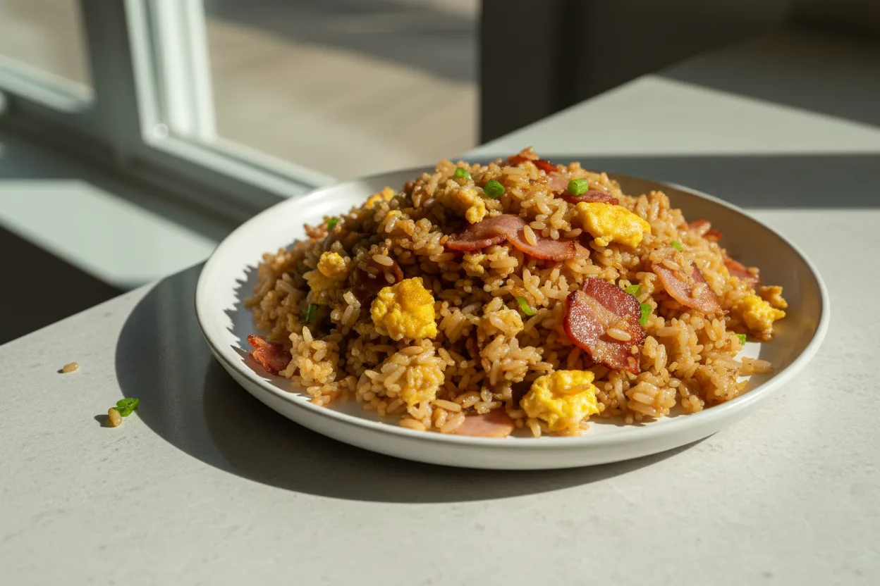 Bacon and Egg Fried Rice — Chinese recipe, finished and plated