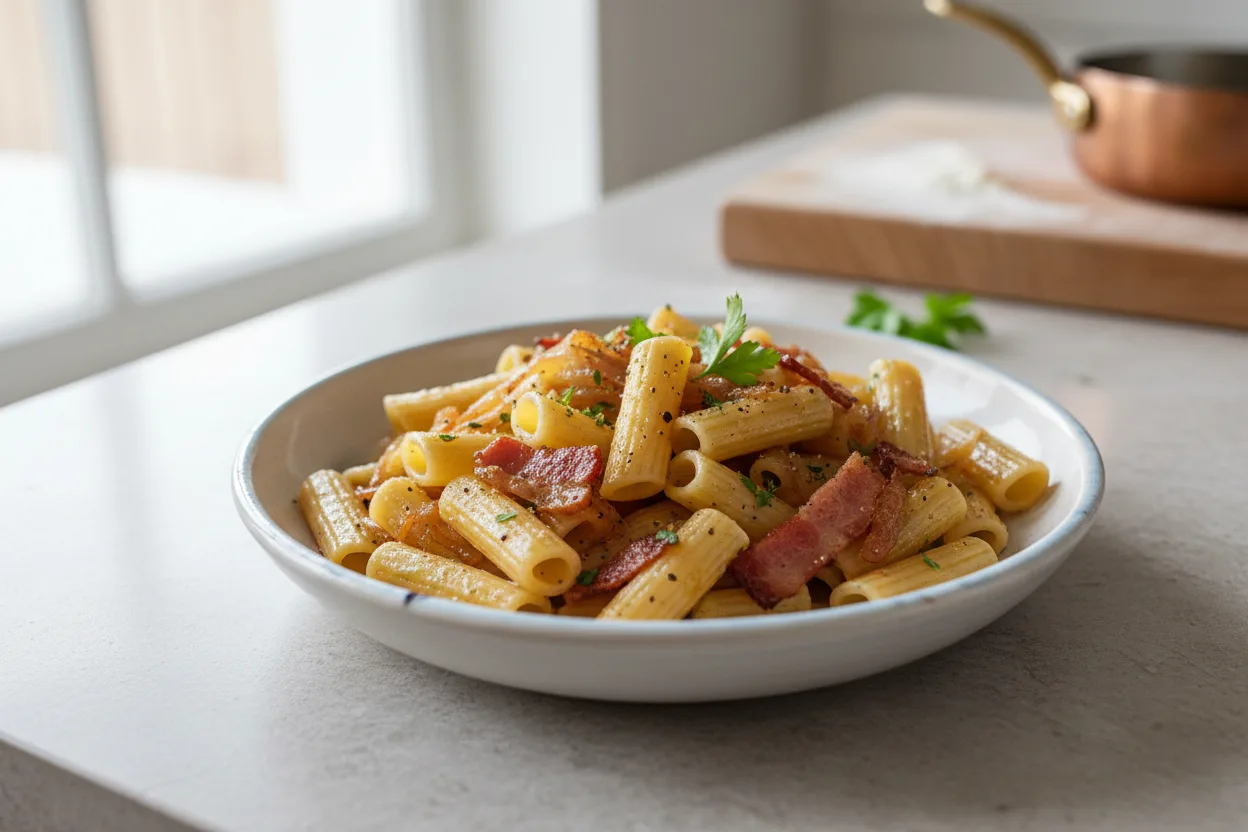 Pasta con Pancetta e Cipolle — a healthy Italian italian recipe with about 7g of fiber
