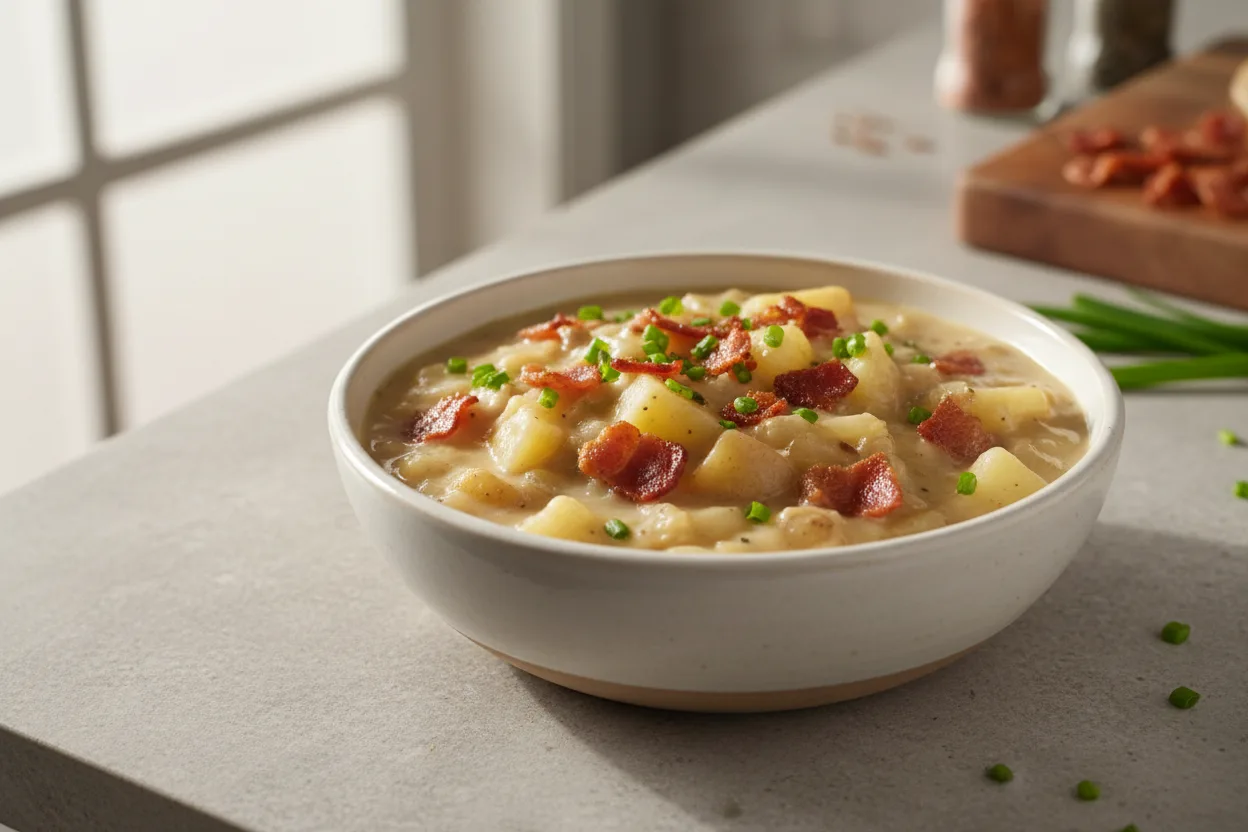Bacon Potato Chowder — American recipe, finished and plated