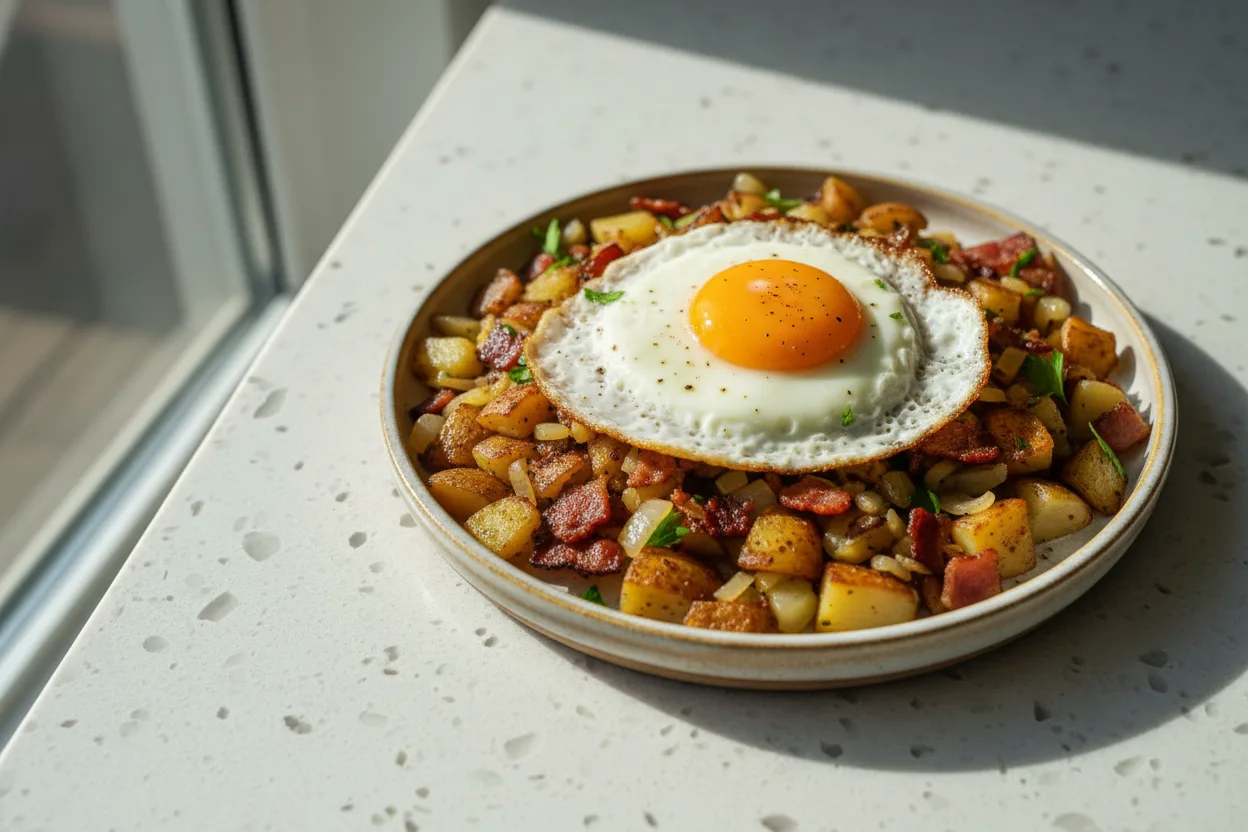 Bacon Potato Hash — American recipe, finished and plated
