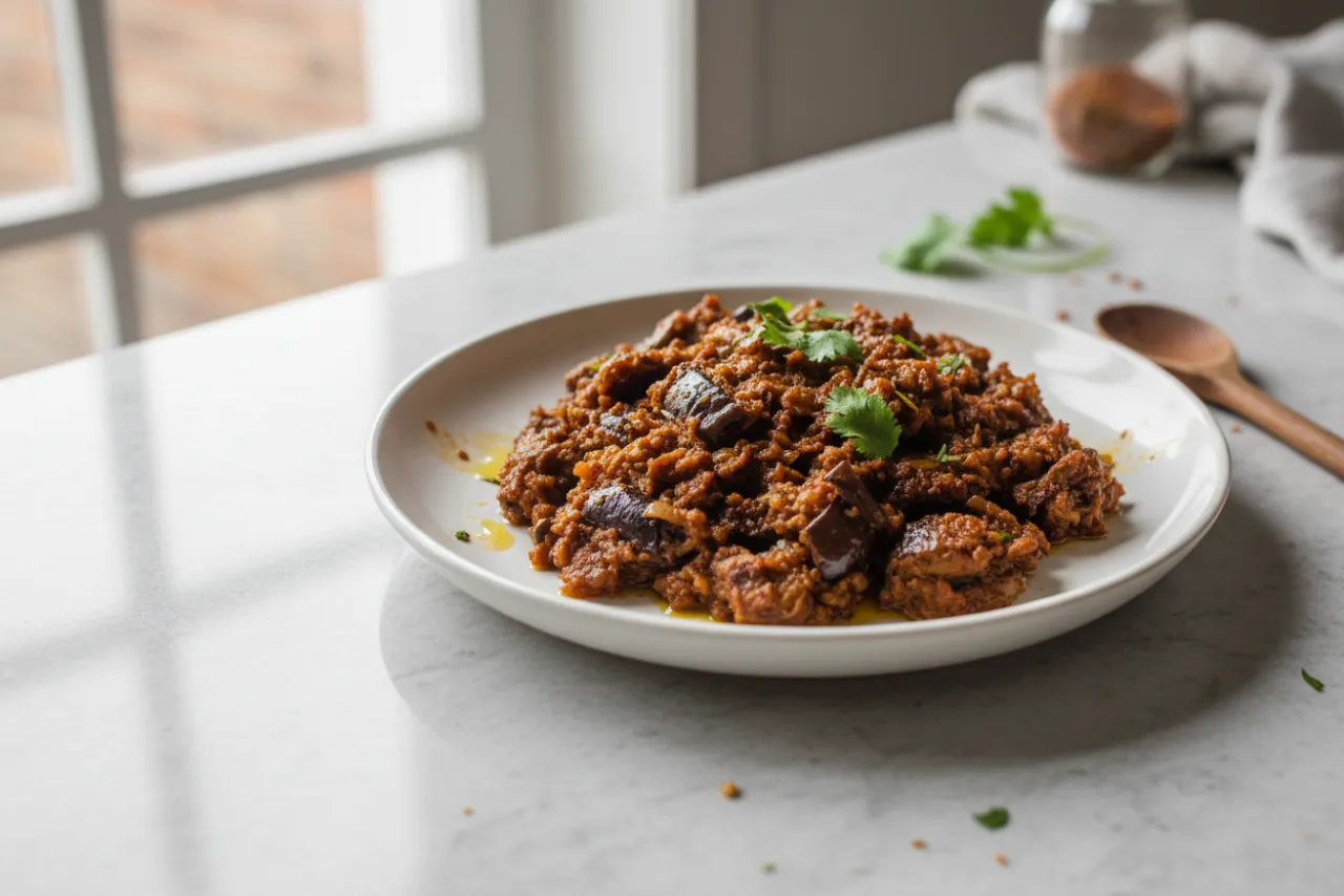 Baingan Bharta — Indian recipe, finished and plated