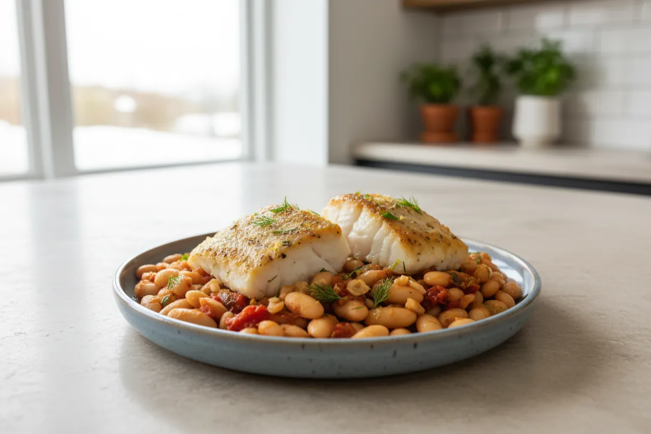 Baked Cod with White Beans — a Mediterranean diet mediterranean recipe with about 9g of fiber