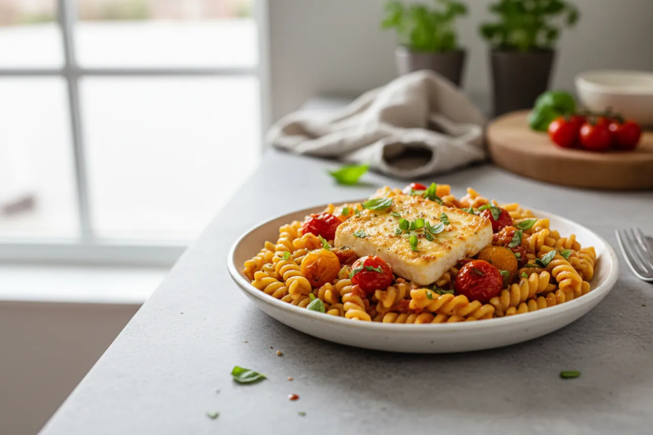 Baked Feta Pasta — a vegetarian Mediterranean mediterranean recipe with about 4g of fiber