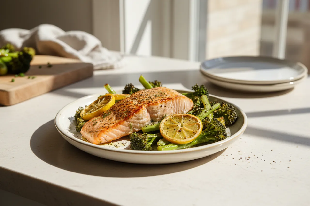 Salmon & Broccoli Traybake — a high-protein high-fiber american recipe with about 7g of fiber