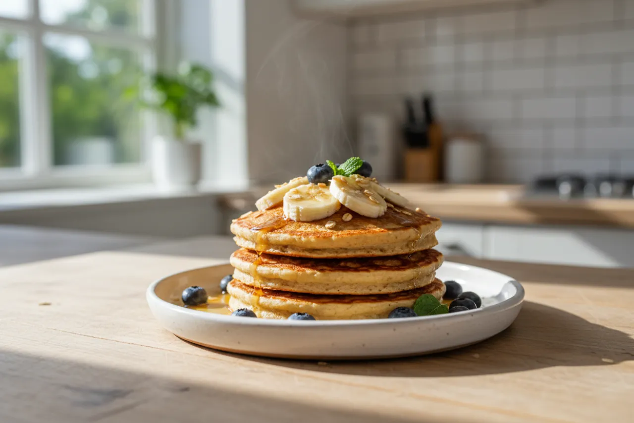 Banana Oat Pancakes — American recipe, finished and plated