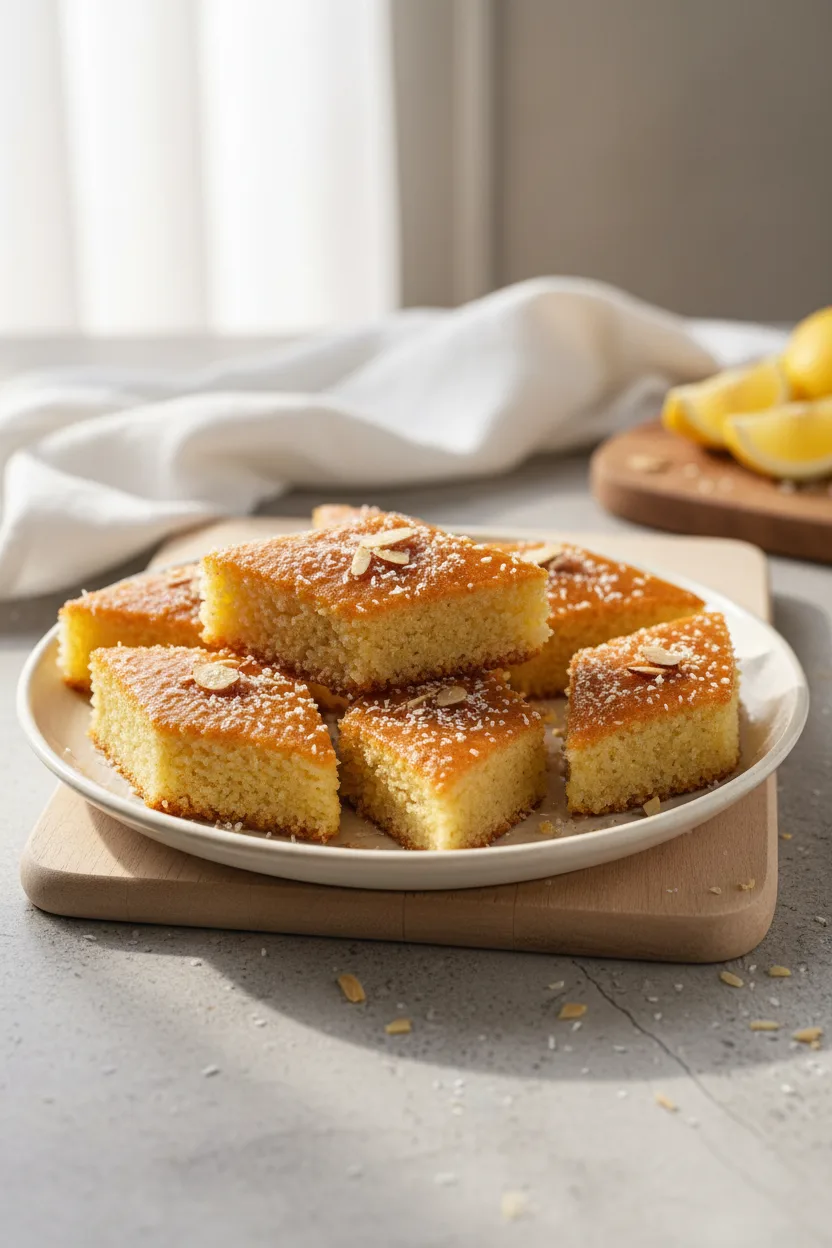 Basbousa — Mediterranean recipe, finished and plated