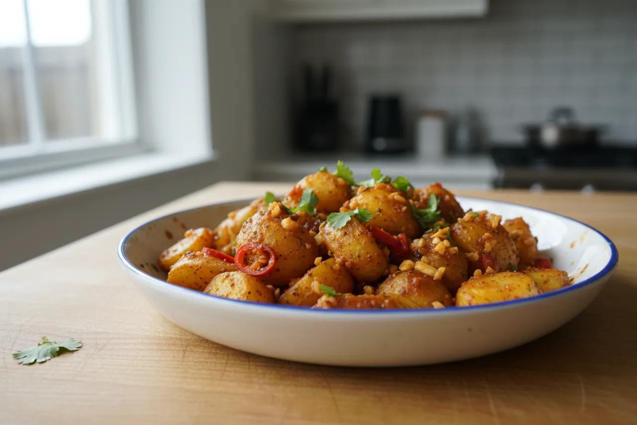 Batata Harra — Middle Eastern recipe, finished and plated