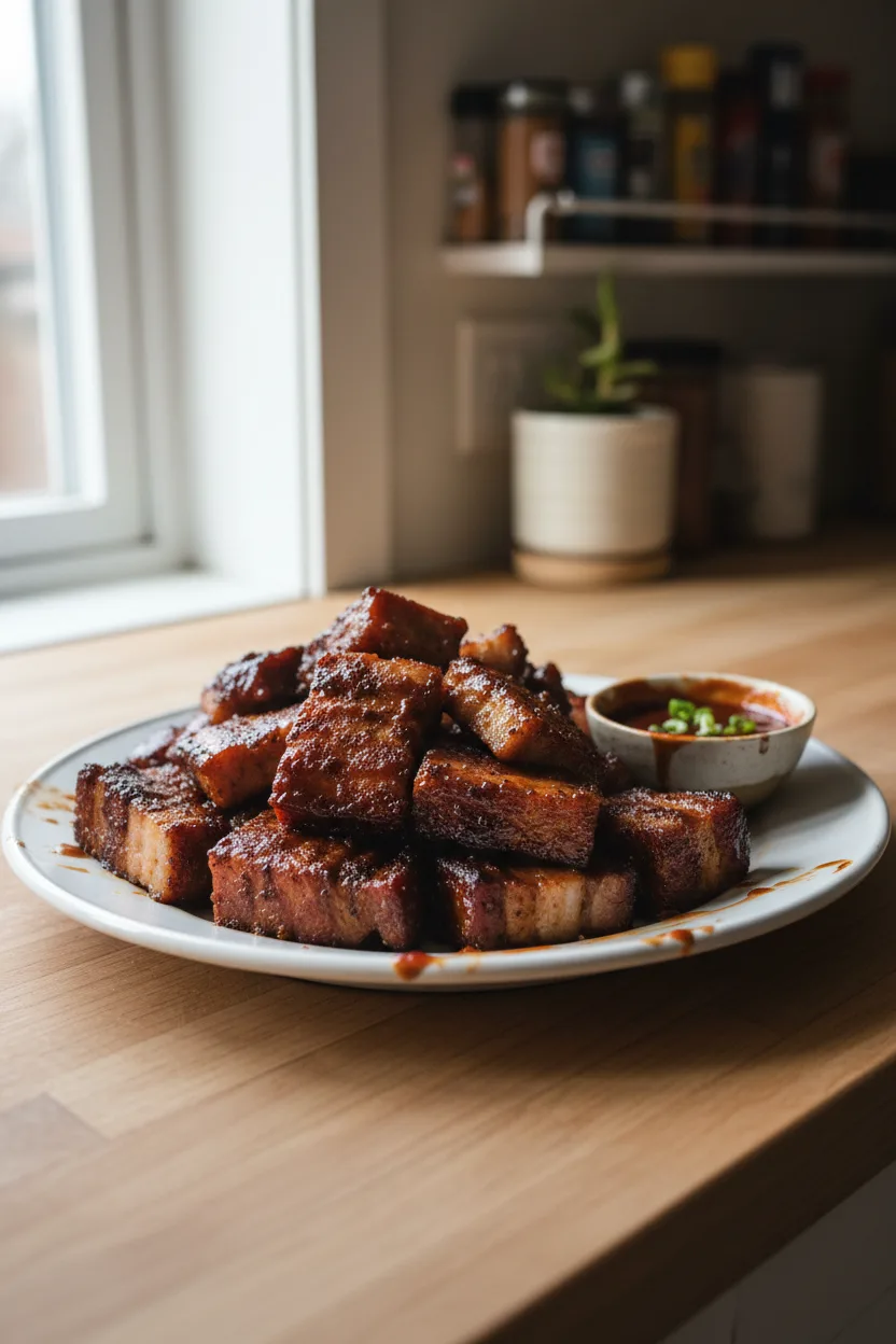 BBQ Pork Belly — American recipe, finished and plated