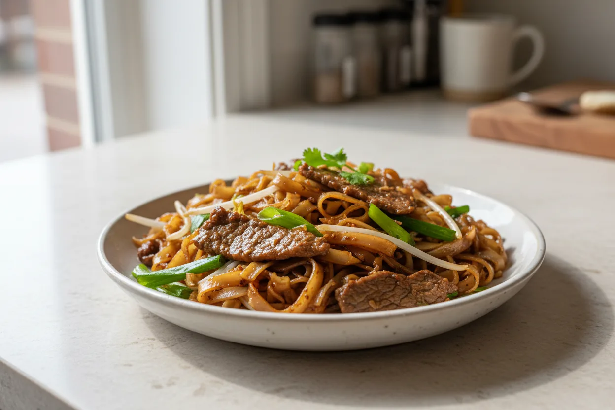 Beef Chow Fun — a high-protein dinner chinese recipe with about 4g of fiber